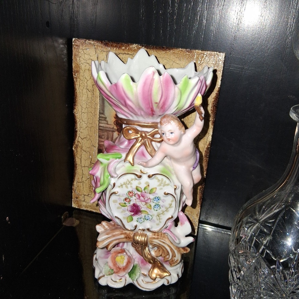 Vintage Porcelain Cherub Vase with Floral Design
